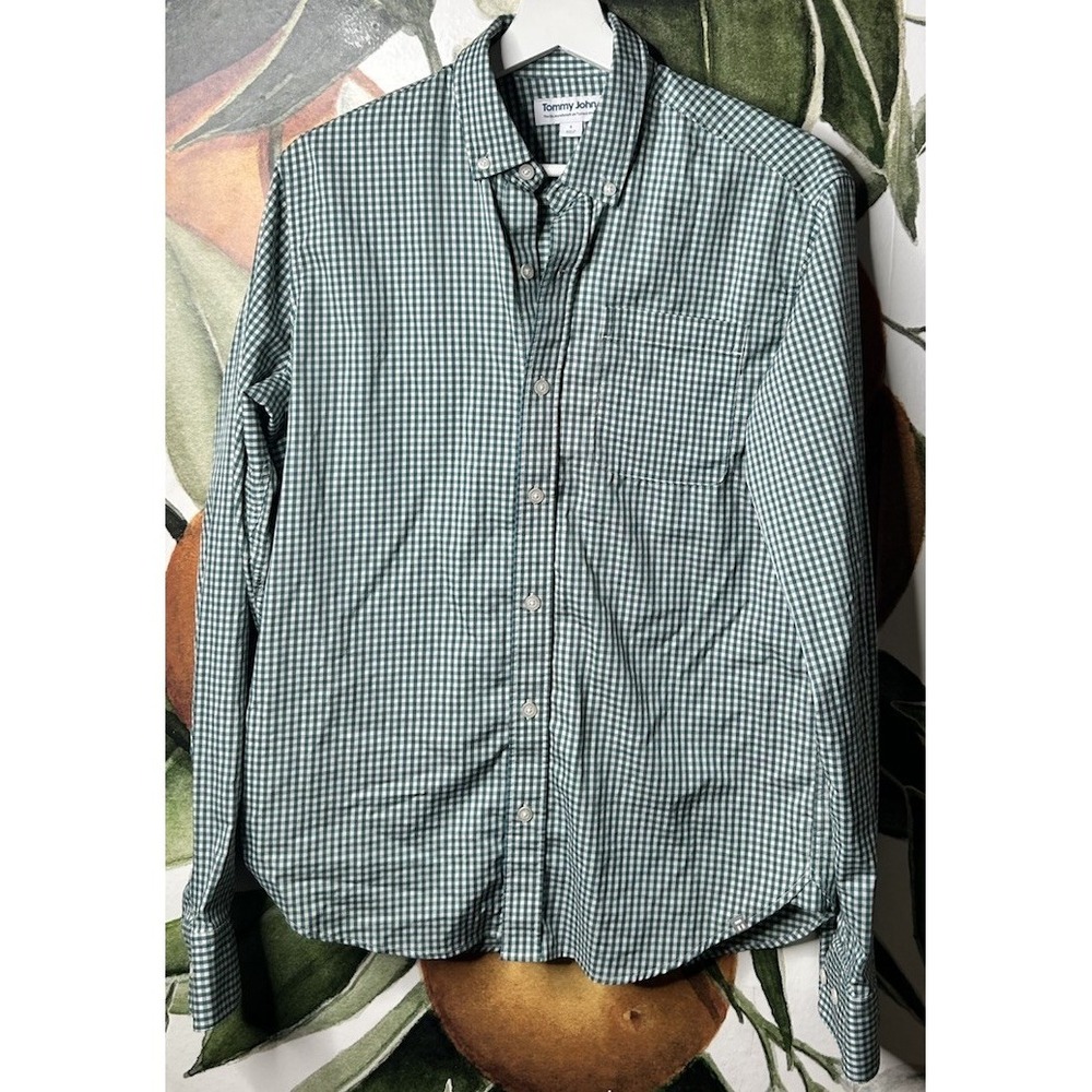 Tommy John Small The Go Anywhere Untucked‎ Shirt Gingham Plaid Green Long Sleeve